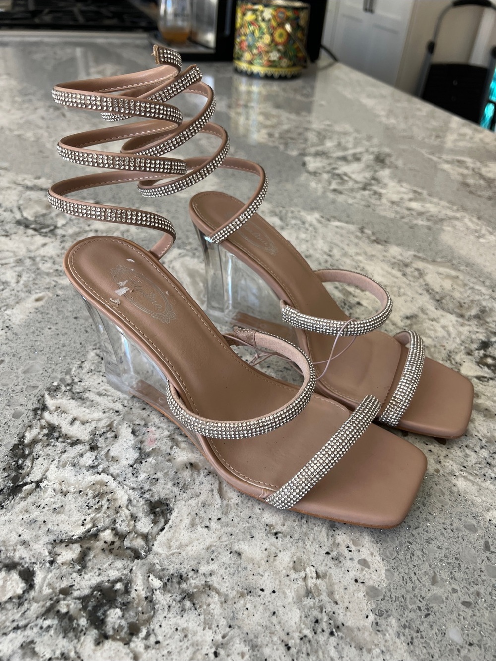 NEW Atalina Nude Rhinestone Spiral Wrap Heel Size 9